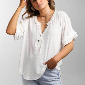 We The Free People Heritage Henley Boho Raw Hem Short Sleeve White Top Size S